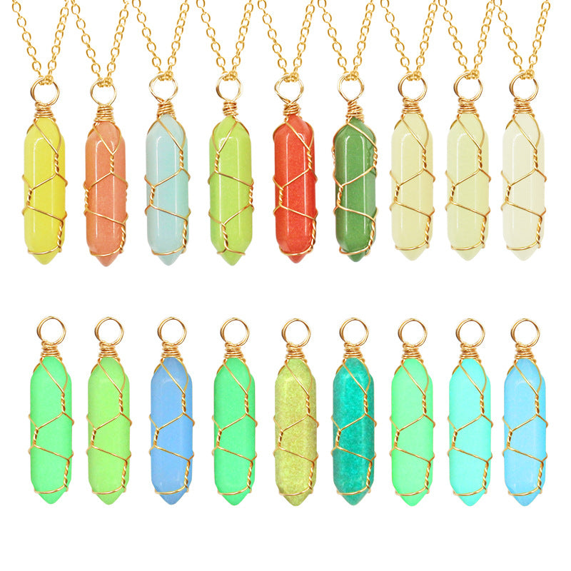 Color Luminous Stone Hexagon Prism Ornaments Fluorite Double Necklaces