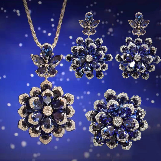Preserved Fresh Flower Luxury Royal Blue Red Corundum Emerald Colored Jewelry Set