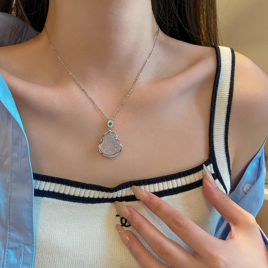 Women's Imitation Chalcedony Leaves Exquisite Maitreya Buddha Big Necklaces