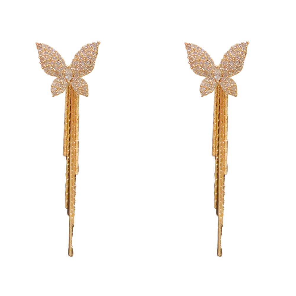 Micro Inlaid Zircon Butterfly Tassel Female Exquisite Versatile Earrings
