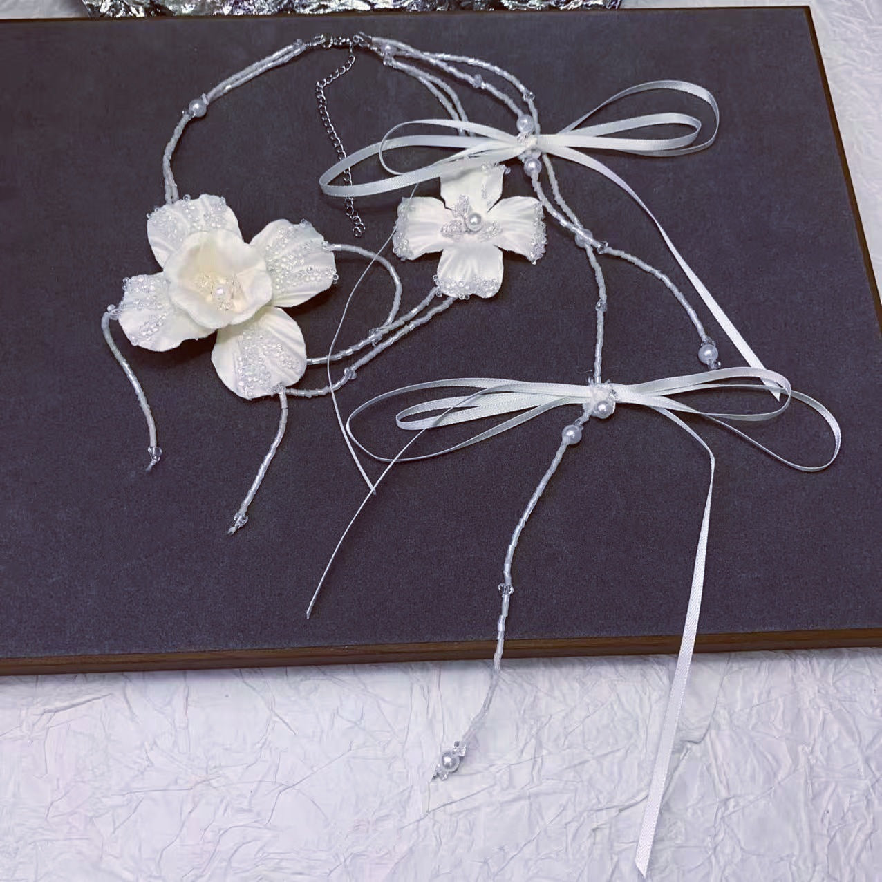 Fairy Handmade Flower Beaded Clavicle Chain Bow Tassel Bridal Wedding Necklace