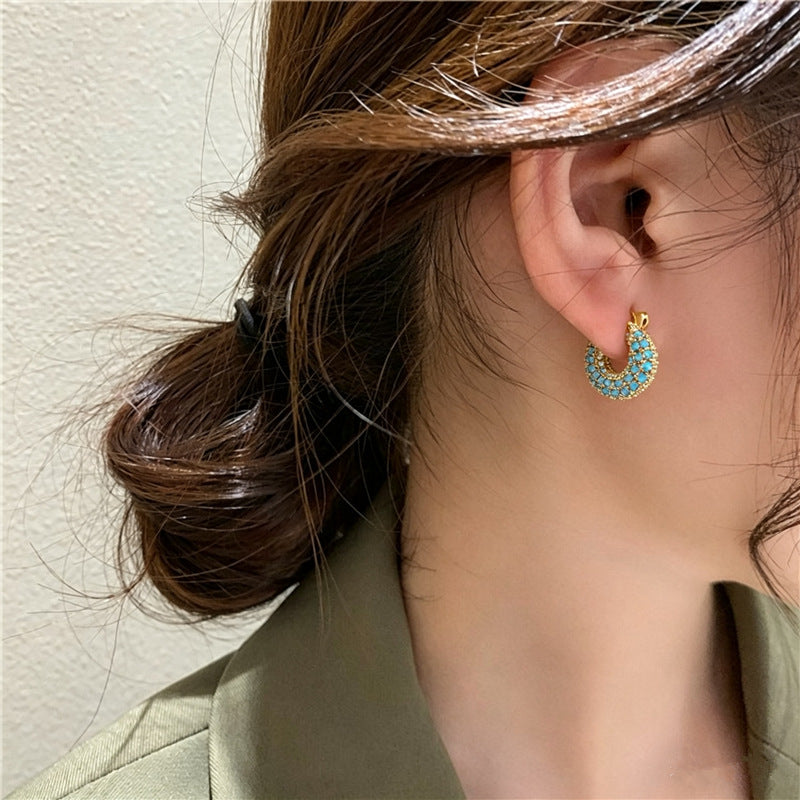 Turquoise Micro Inlaid Zircon Geometric Hoop Cold Wind Ear Niche Earrings
