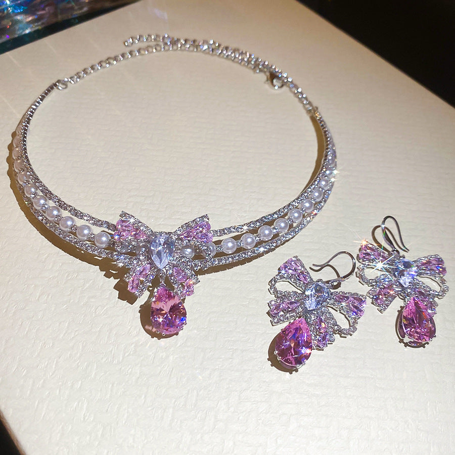 Style Gold Pink Zircon Sweet Elegant Graceful Light Luxury Jewelry Set