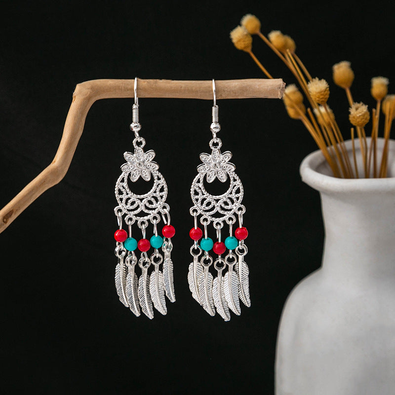 Miao Sier Colorful Long Feather Tassel Rings