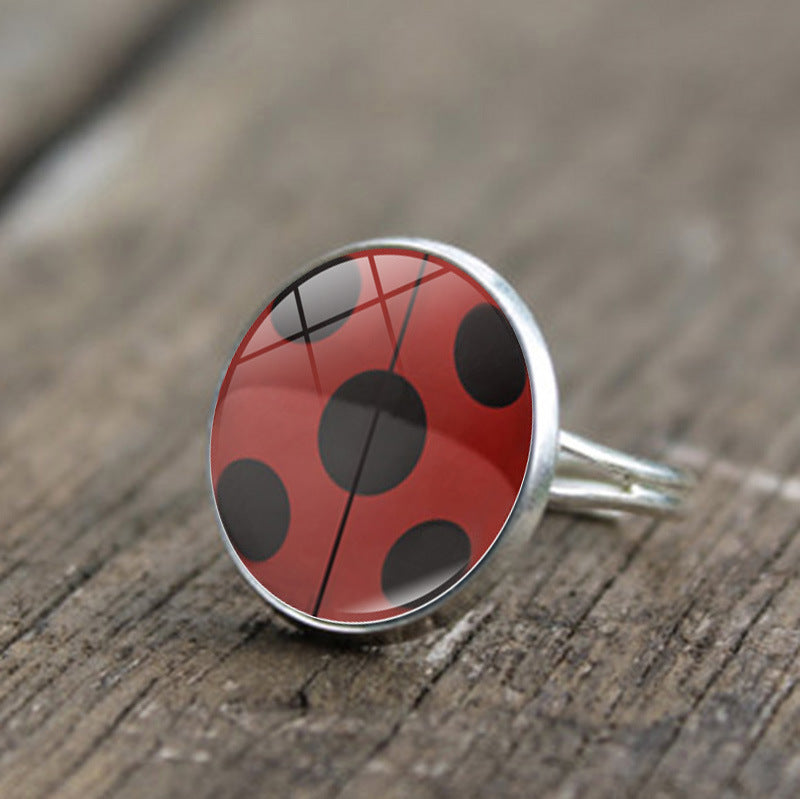 Round Polka Dot Time Stone Cartoon Anime Ladybug Brush Printed Ring