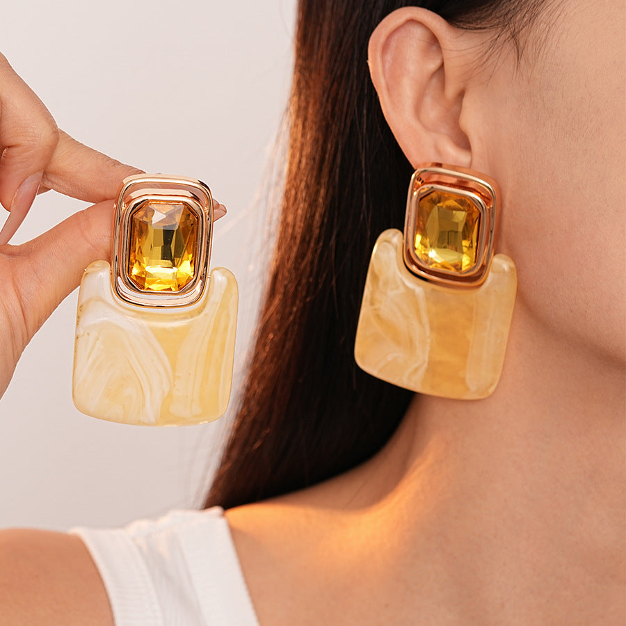 Women's Resin Diamond Square Sier Retro Exaggerated Personalized Earrings