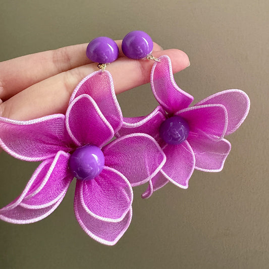 Gorgeous Temperament Exaggerated Purple Tulle Flower Western Style Earrings