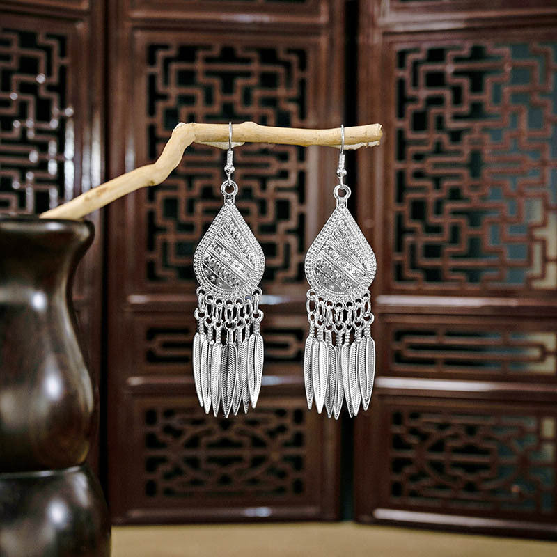 Miao Sier Ethnic Style Peacock Bell Tassel Hollow Leaves Cute Rings
