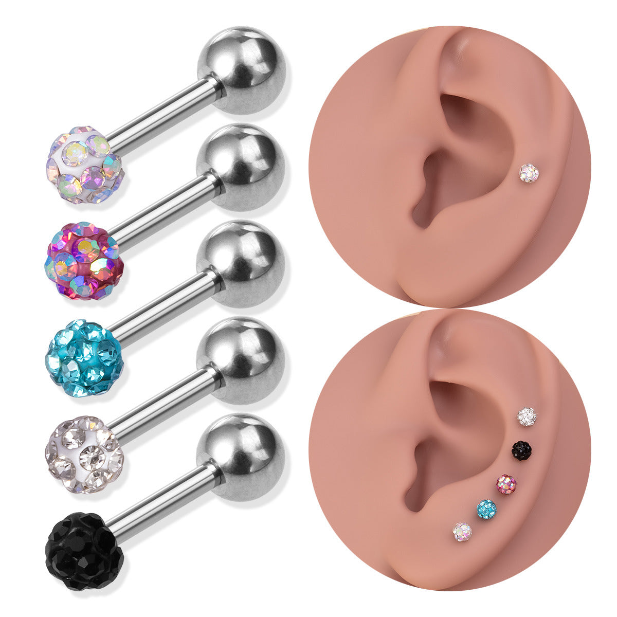 Full Diamond Color Ear Bone Piercing Ball Stud Earrings