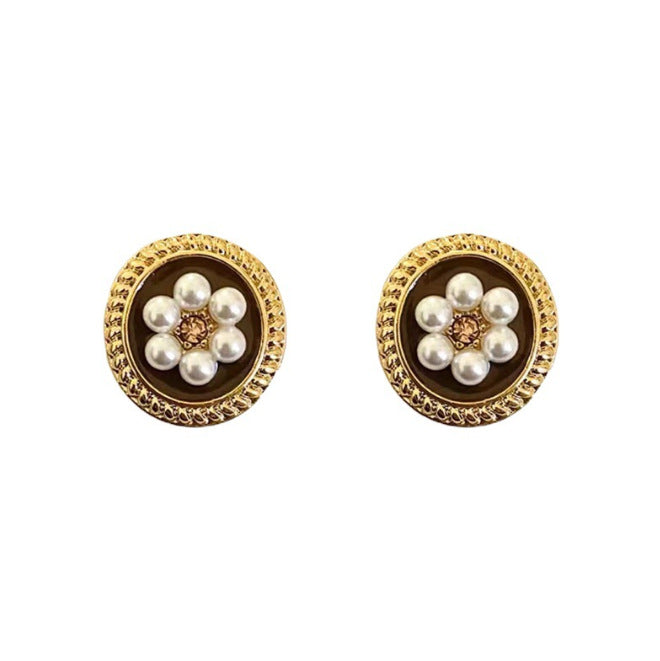 Needle French Retro Round Pearl Flower Earrings