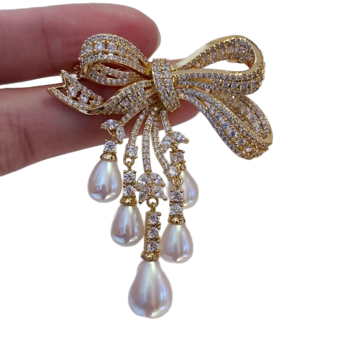 French Entry Lux Full Diamond Bow Tassel Brooch Refined Brooches