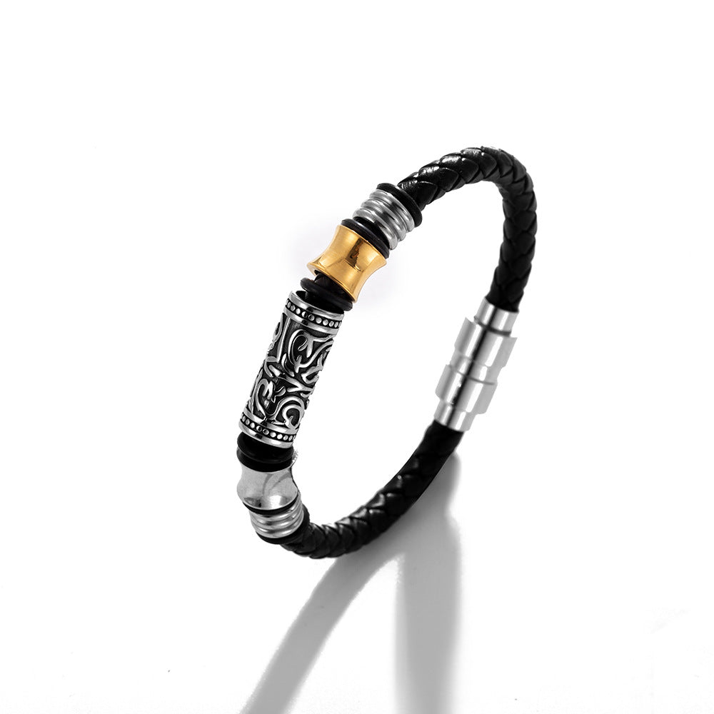 Men's Vintage Weave Leather Titanium Steel Hip Bracelet