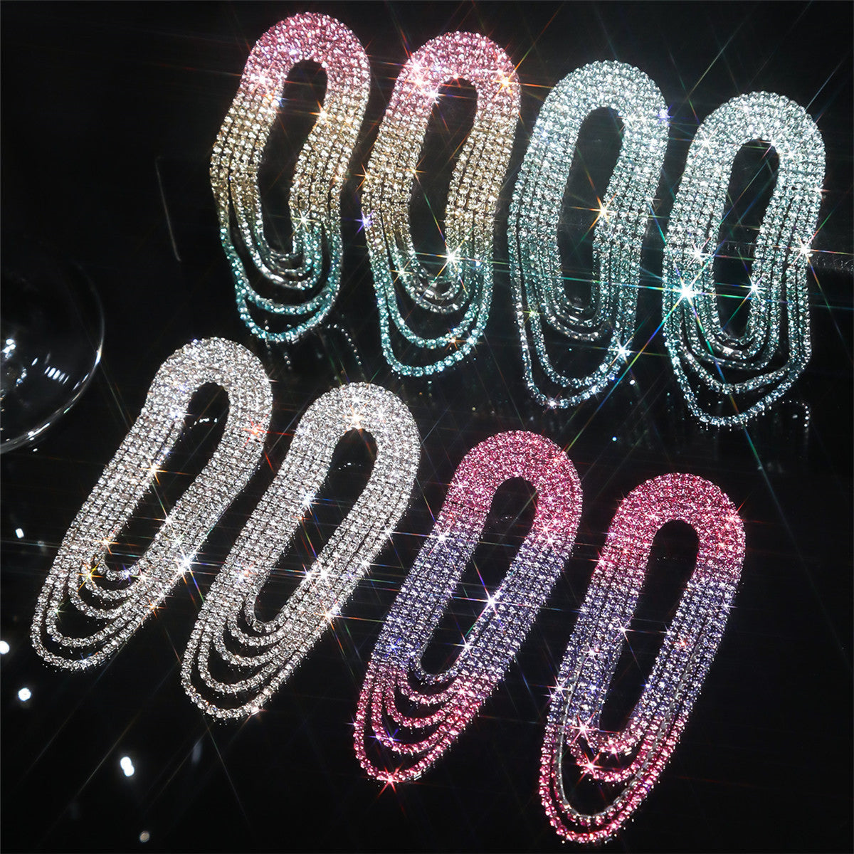 Women's Luxurious Style Shiny Rhinestone Long Fashion Gradient Multicolored Tassel Earrings