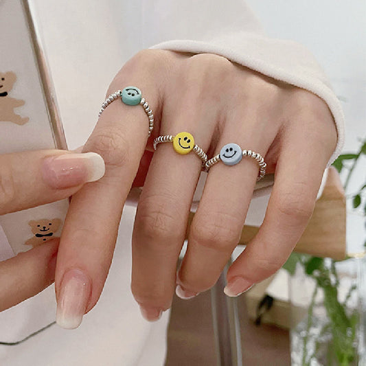 Women's Colorful Smiley Elastic Simple Beaded Index Rings