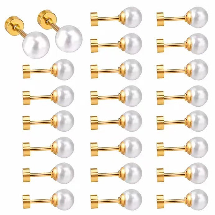 Pearl Screw Tightening Buckle Stainless Steel Female Simple Graceful Small Stud Earrings