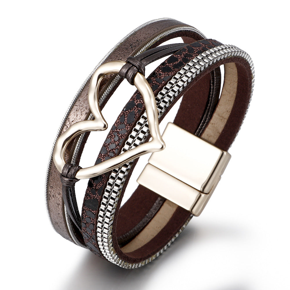 Women's Bohemian Style Leather Heart Fashion Magnetic Bracelet