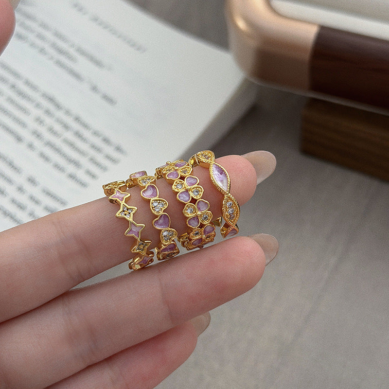 Luxury Retro Flower Auspicious Cloud Purple Enamel Open Niche Twin Rings