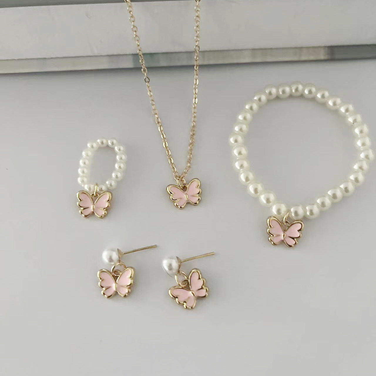 Children's Popular Dripping Oil Butterfly Pearl Female Jewelry Set