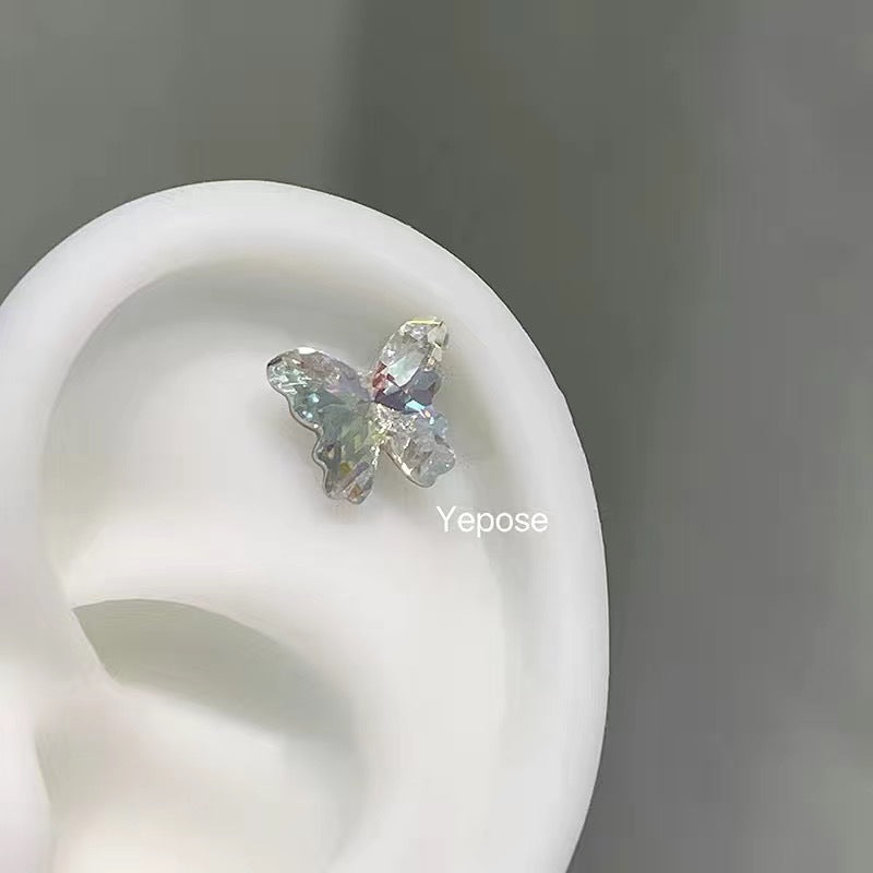 Polarized Butterfly Zircon Ear Bone Flat Bottom Pin Titanium Steel Stud Earrings