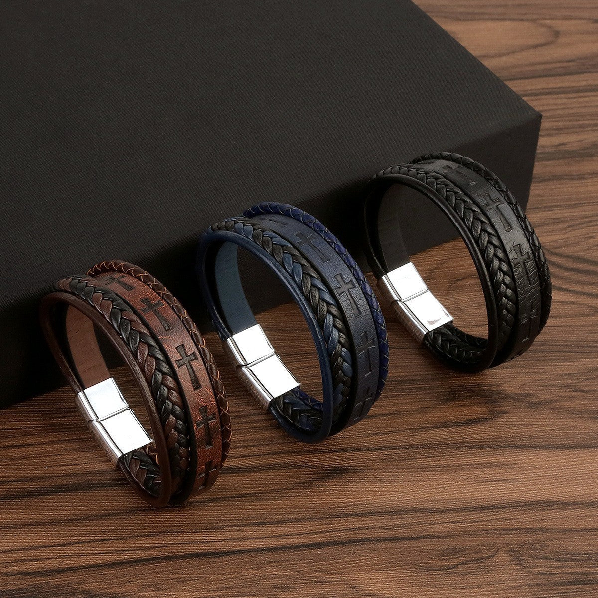 Men's Woven Leather Cross Magnetic Snap Trendy Cool Bracelets