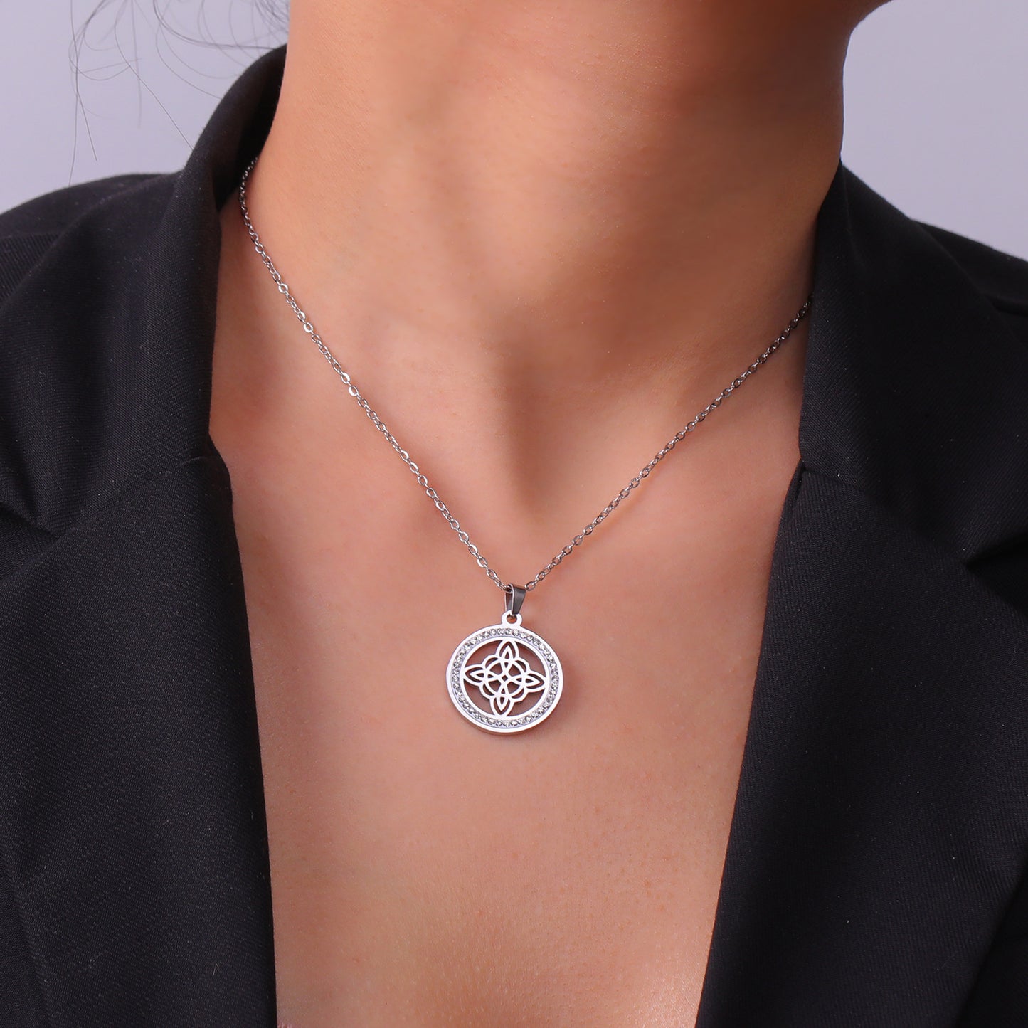 Witch Knot Stainless Steel Clear Zircon Round Charm Christmas Pendants