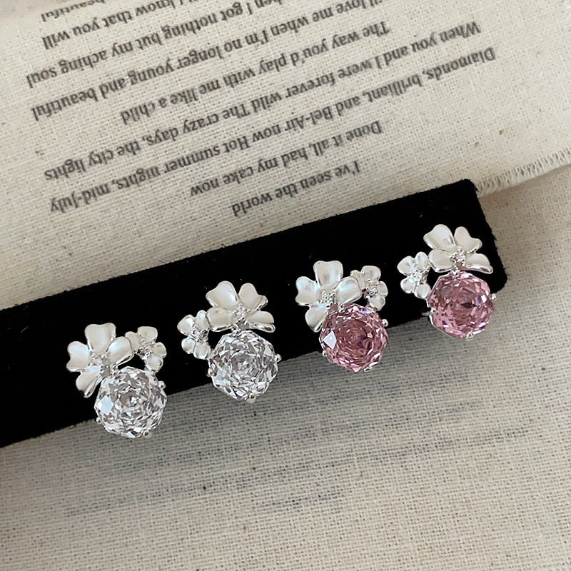Women's Simple High-grade White Drop Oil Three-dimensional Petals Zircon Light Luxury Earrings