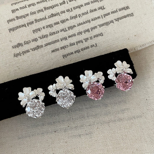 Women's Simple High-grade White Drop Oil Three-dimensional Petals Zircon Light Luxury Earrings