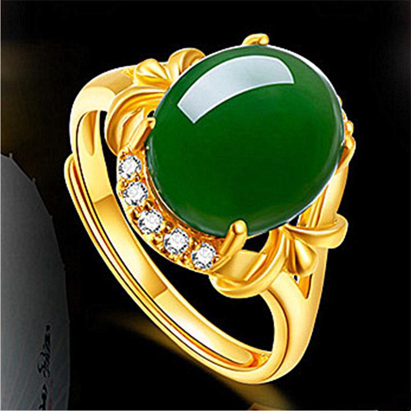 Ethnic Style Gold Plated Inlaid Imitation Jade With Green Chalcedony Rings