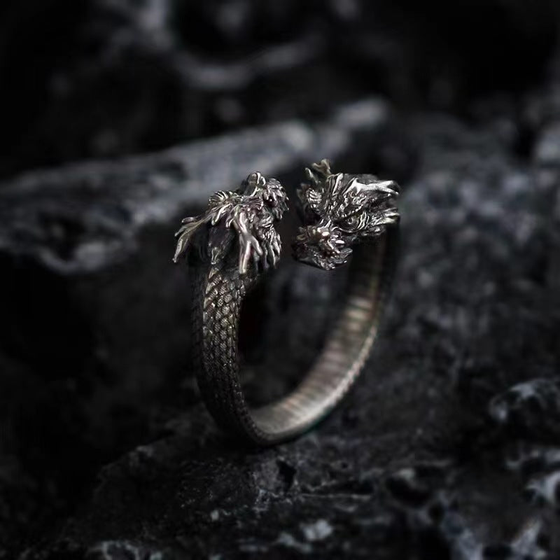 Men's Sier Blue Dragon Faucet Power Style Personalized Chinese Rings