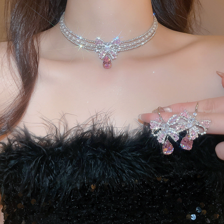 Style Gold Pink Zircon Sweet Elegant Graceful Light Luxury Jewelry Set