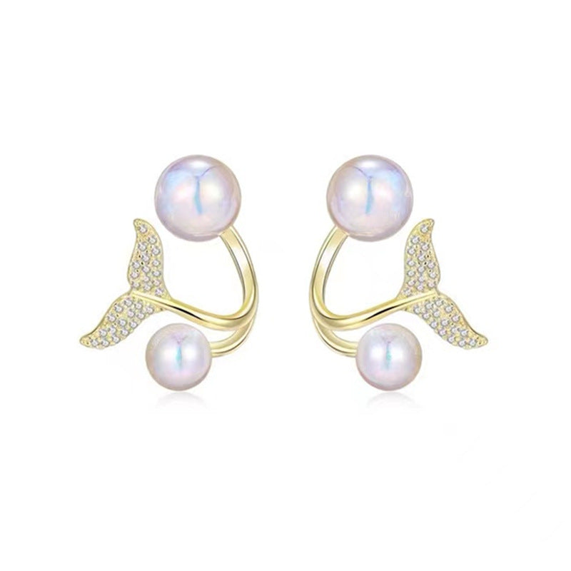 Women's Sier Needle Mermaid Pearl Retro Simple Graceful Earrings