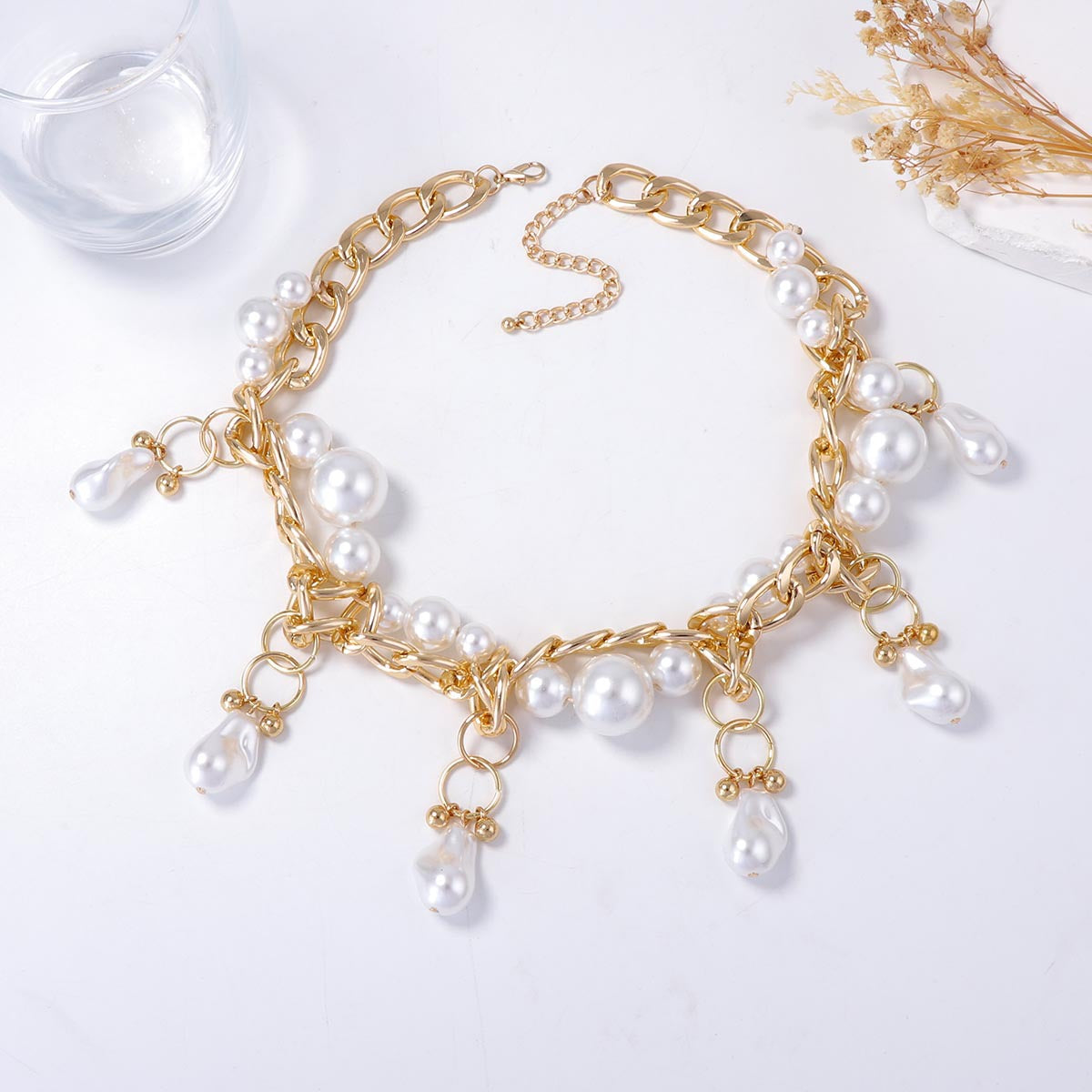 Imitation Pearl Geometric Woven Exaggerated Chain Necklaces