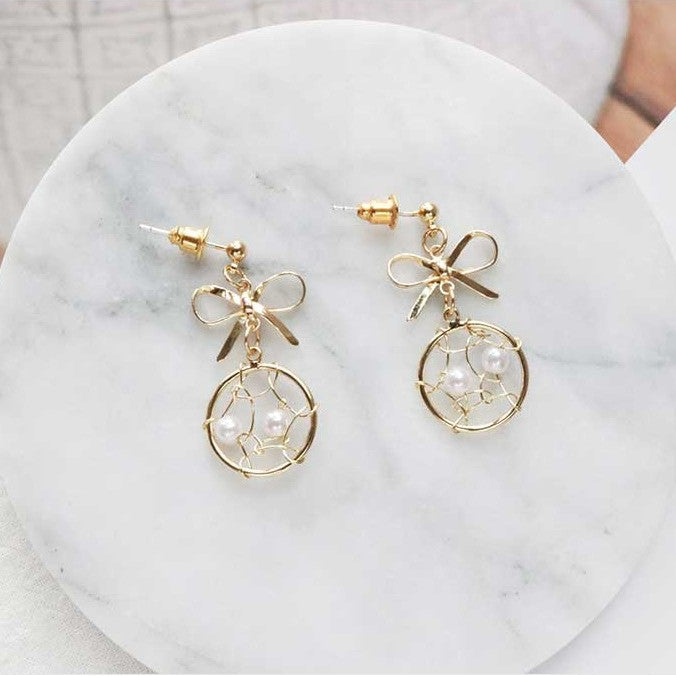 Sier Needle Dream Catcher Super Fairy Temperament Bow Earrings