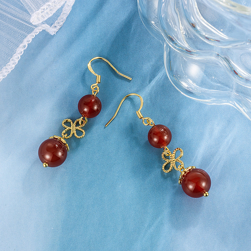 Women's Ancient Imitation Rose Chalcedony Red Agate Skirt Trendy Cheongsam Sweet Ear Hook