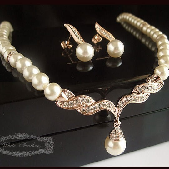 Korean Style Bridal Pearl Diamond Suite Two-piece Jewelry Set