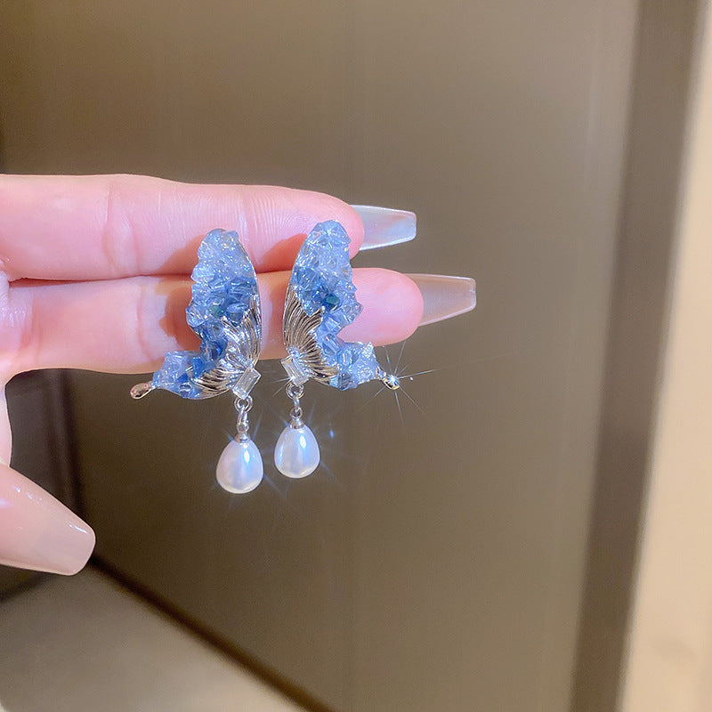Blue Crystal Butterfly Flower Fashion Simple Fresh Light Luxury High Earrings