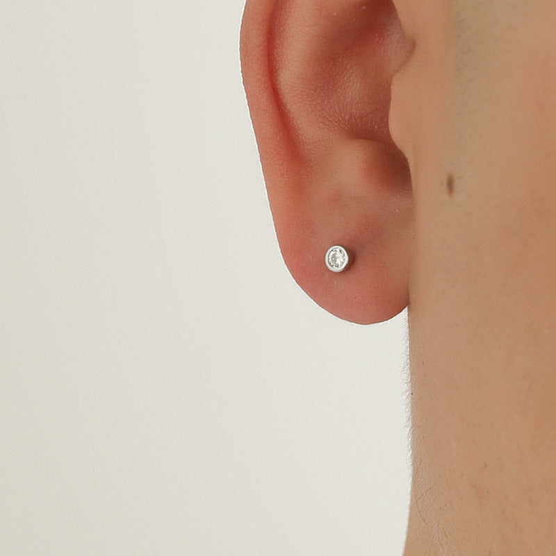 Men's Sier Needle Zircon Round Beads Thread Single Earrings