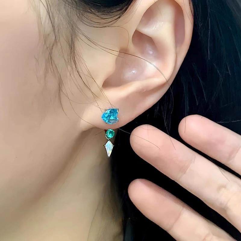 Blue Loving Heart Zircon Horseshoe Ear Light Luxury High Sense Stud Earrings