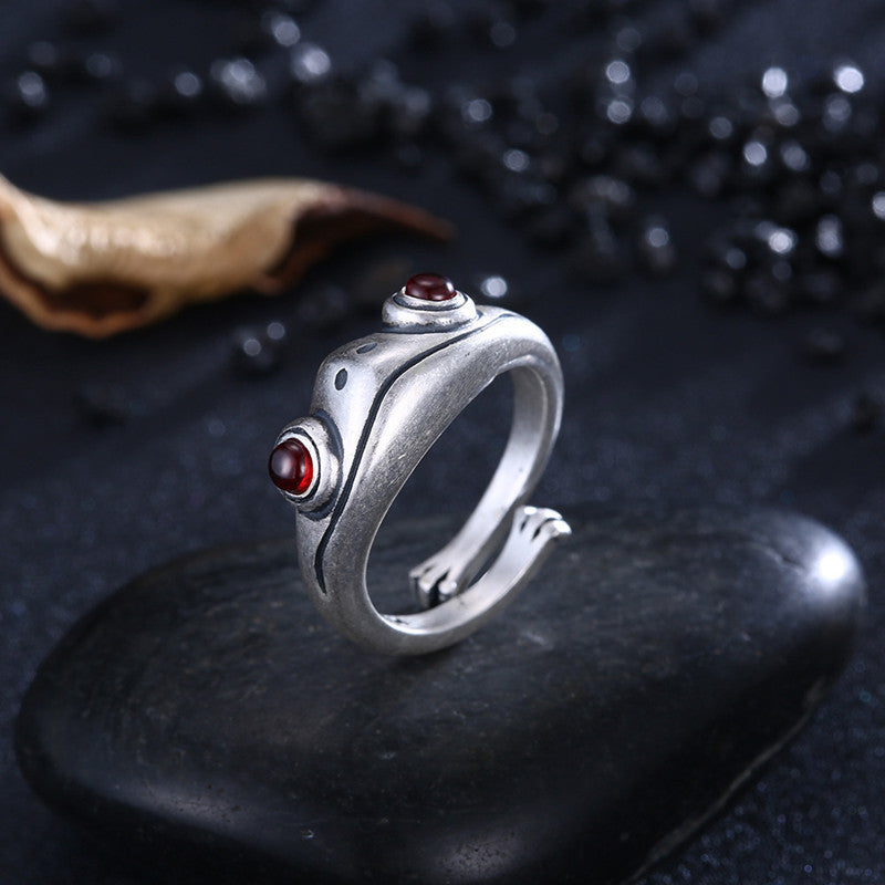 Vintage Frog Thai Sier Distressed Simple Garnet Creative Rings