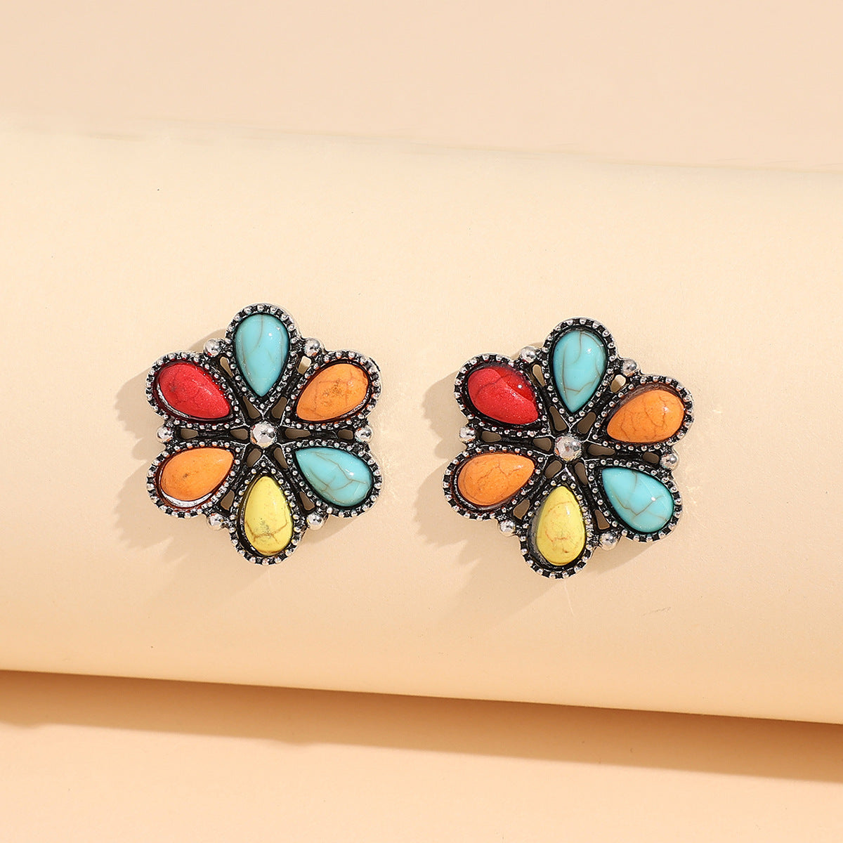 Women's Retro Bohemian Flower Colorful Turquoise Ear Hollow Sunflower Rings