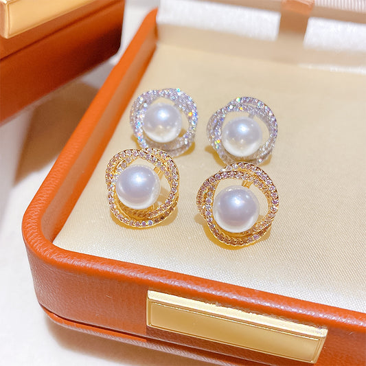 Spiral Pearl Female Niche High-grade Sterling Sier Needle Light Earrings
