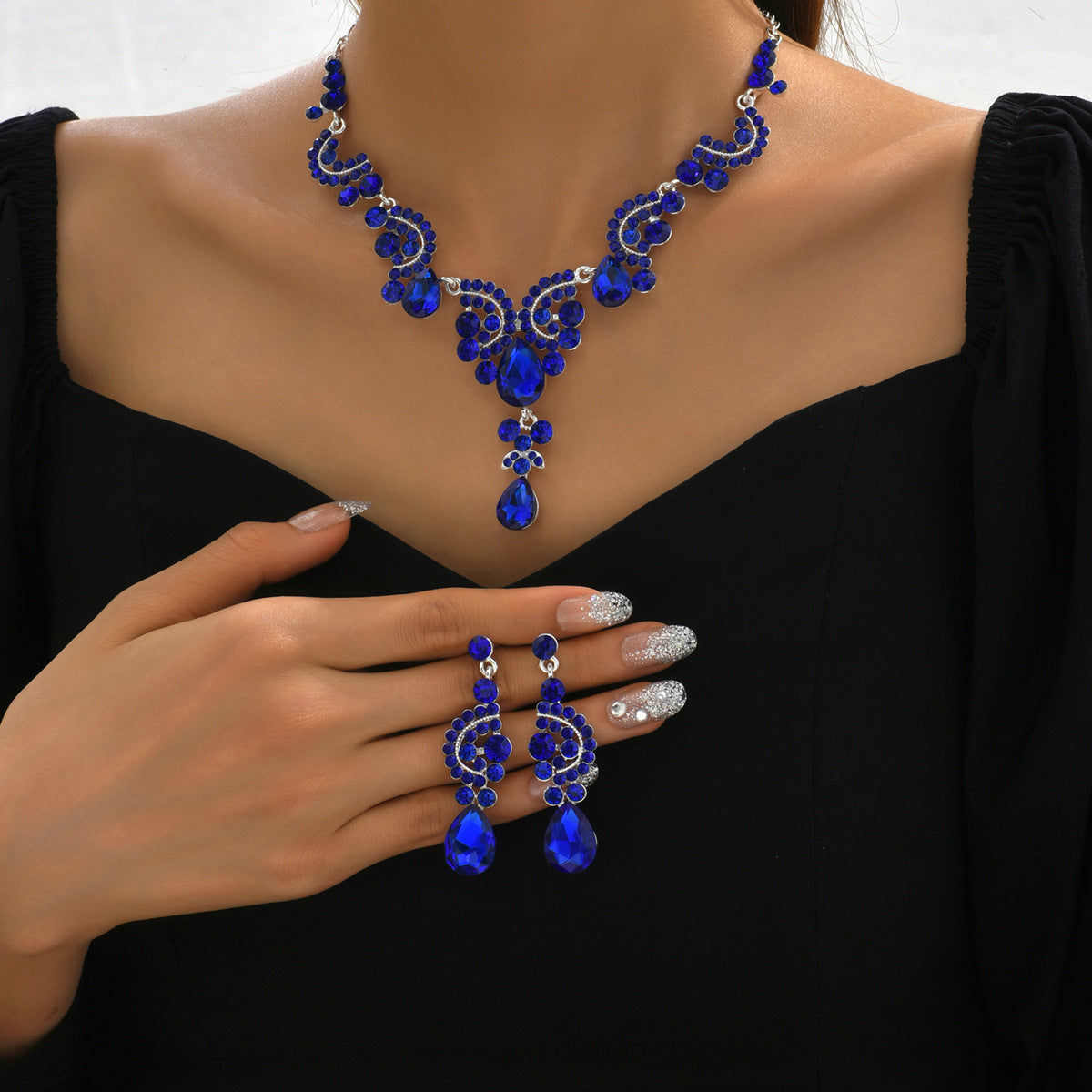 Fashion Alloy Sapphire Gemstone Bridal Wedding Jewelry Set