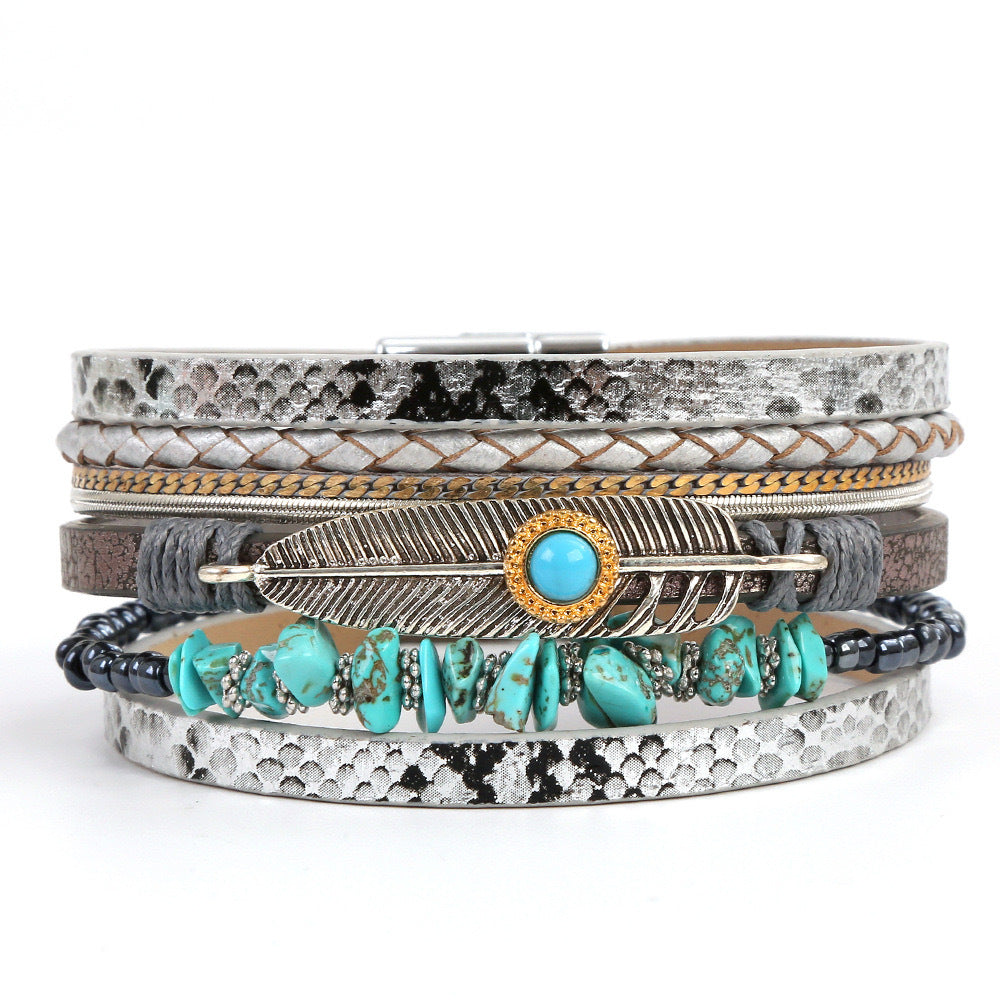 Women's Vintage Feather Trendy Unique Turquoise Gravel Bracelets