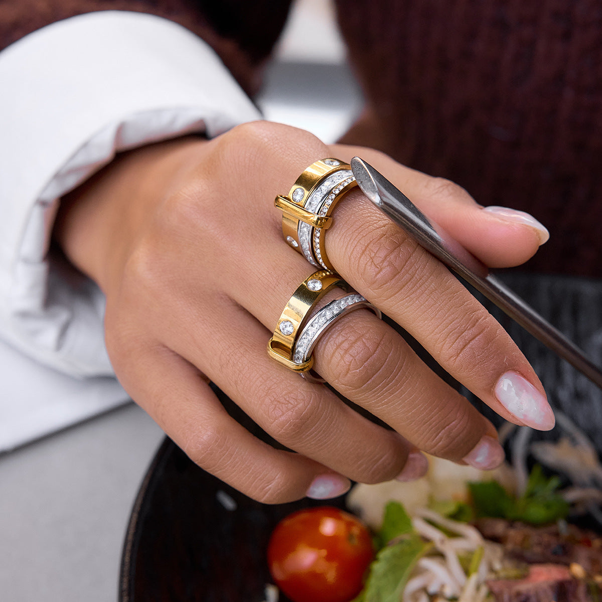 Diamond Twin Light Luxury Niche Design Stainless Steel Color Matching Rings