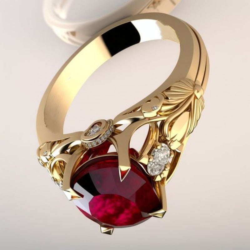 Women's Gold Plated Hollow Jeweled Light Luxury Red Ring