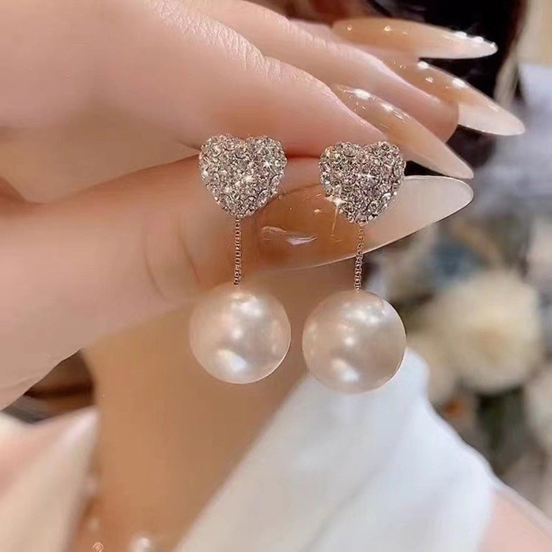 Pearl Diamond Love Heart Niche Sier Earrings