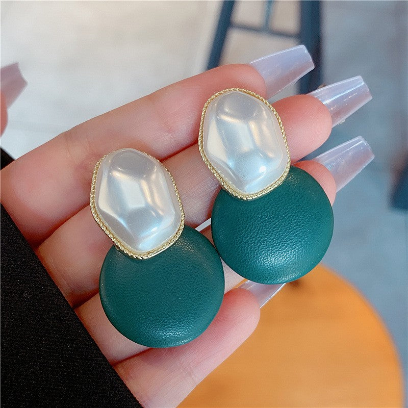 Green Leather Premium Design Sense Sier Stud Earrings