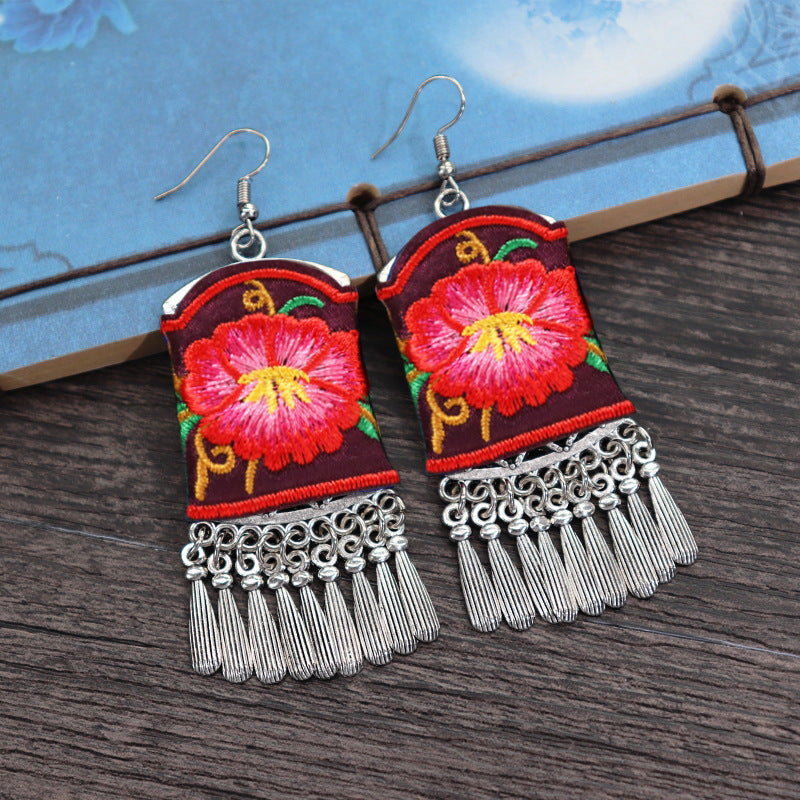 Women's Retro Ethnic Style Handmade Embroidered Fabric Long Flower Earrings