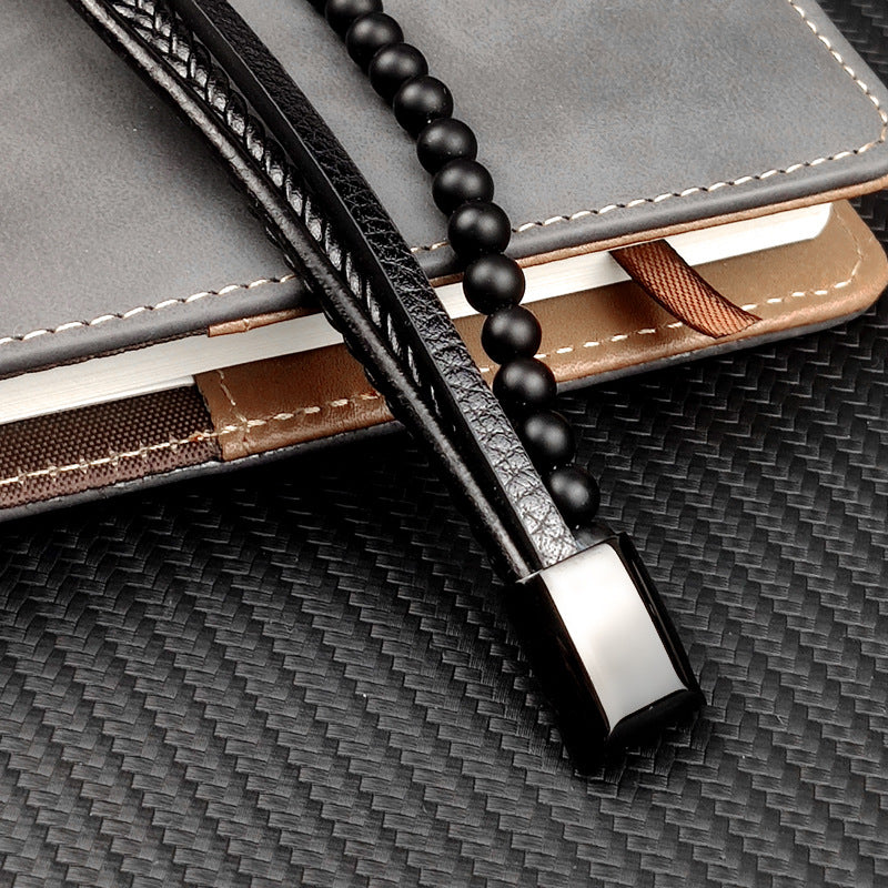 Men's Stainless Steel Leather Black Frosted Beads Woven Magnet Bracelet
