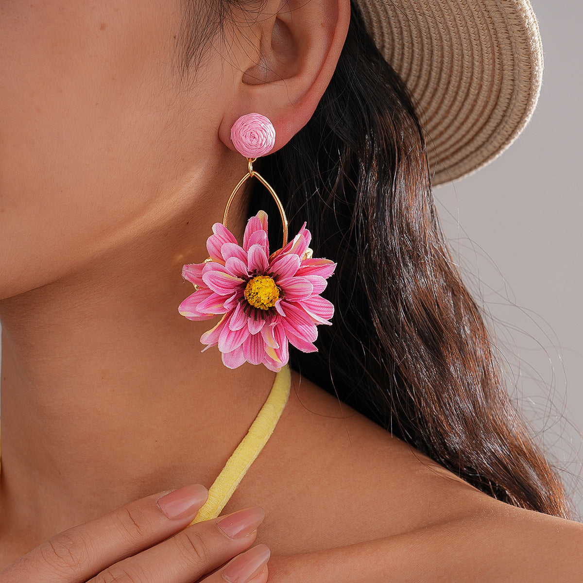 Raffia Fabric Flower Steel Needle Seaside Earrings